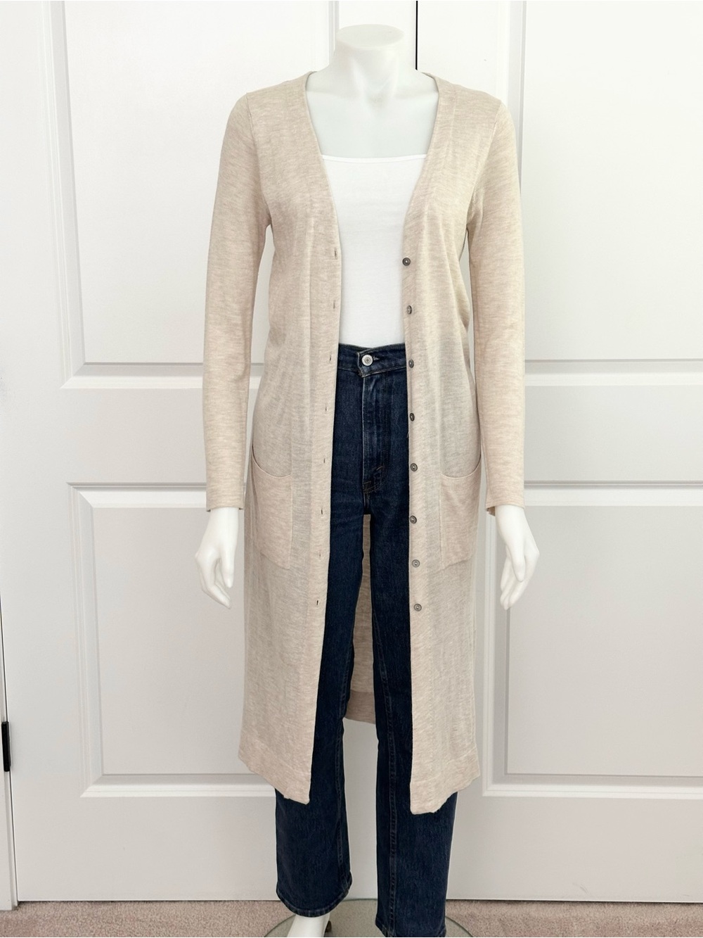 Oatmeal Duster Open Front Button Down Lightweight Knit Long Cardigan Sweater